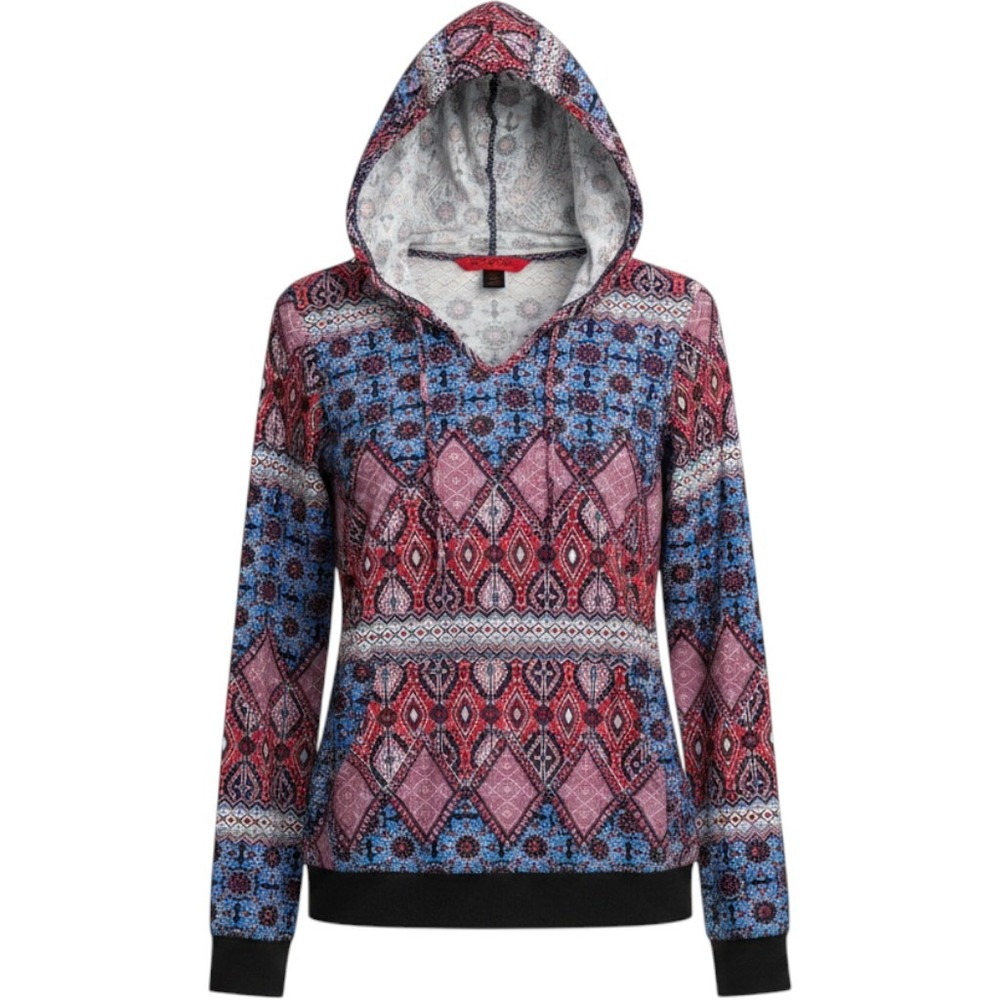 Hot Kiss Hoodie Womens Medium Red Blue‎ Geometric Boho Pullover Sweatshirt